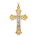 14k Two-tone Hollow Polished Woven Fleur de Lis Crucifix Pendant