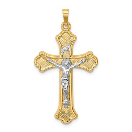 14k Two-tone Hollow Polished Woven Fleur de Lis Crucifix Pendant