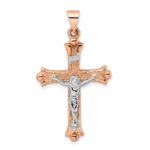 14k Rose and White Gold Polished Fleur de Lis INRI Hollow Crucifix Pendant