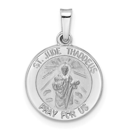 14k White Gold Polished and Satin Hollow St Jude Thaddeus Medal Round Pendant