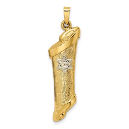 14k Two-tone Polished and Textured Hollow Torah Scroll with Star of David Pendant