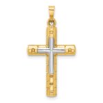 14k Two-Tone Textured and Polished Hollow Latin Cross Pendant