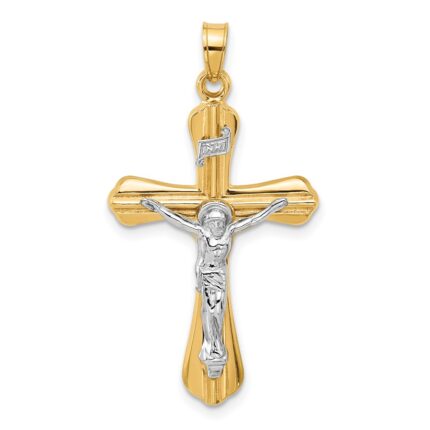 14k Two-Tone Grooved Hollow INRI Crucifix Pendent