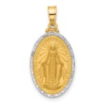 14K and White Rhodium Polished and Satin Solid Miraculous Medal Oval Pendant