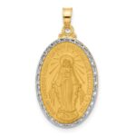 14K and White Rhodium Polished and Satin Solid Miraculous Medal Oval Pendant