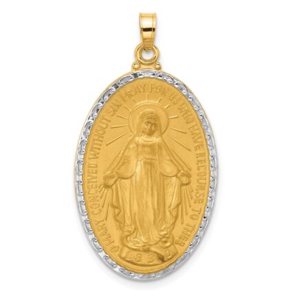 14K and White Rhodium Polished and Satin Solid Miraculous Medal Oval Pendant