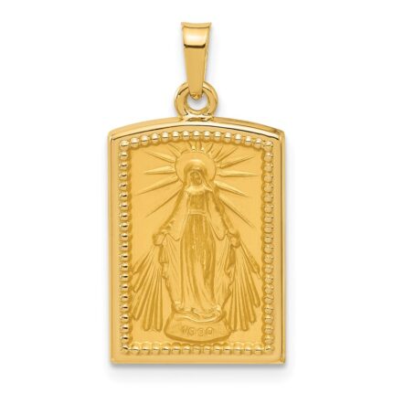 14k Polished and Satin Hollow Miraculous Medal Rectangular Pendant