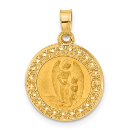 14K Polished and Satin Hollow Our Guardian Angel Medal Pendant