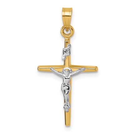 14k with White Rhodium Polished INRI Crucifix Cross Pendant