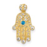 14k Polished White and Blue CZ Hamsa Chain Slide Pendant