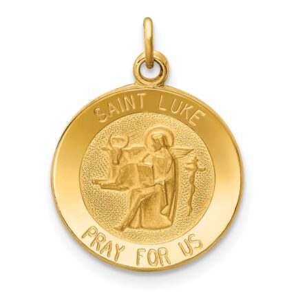 14k Polished and Satin Solid St Luke Medal Round Charm