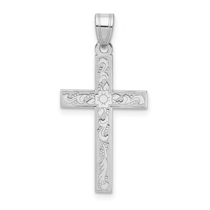 14K White Gold Floral Cross Pendant