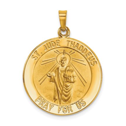 14k Polished and Satin Hollow Saint Jude Thaddeus Medal Round Pendant