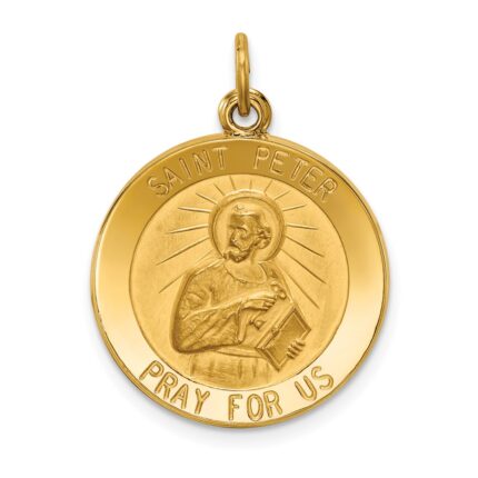 14k Polished and Satin Solid Saint Peter Medal Round Pendant