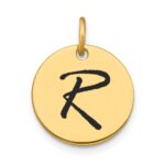14k Polished Black Enamel Letter R Initial Disk Charm