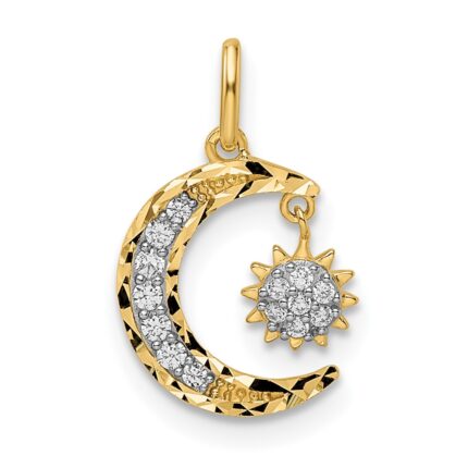 14k CZ Diamond-cut Moon and Dangle Sun Pendant
